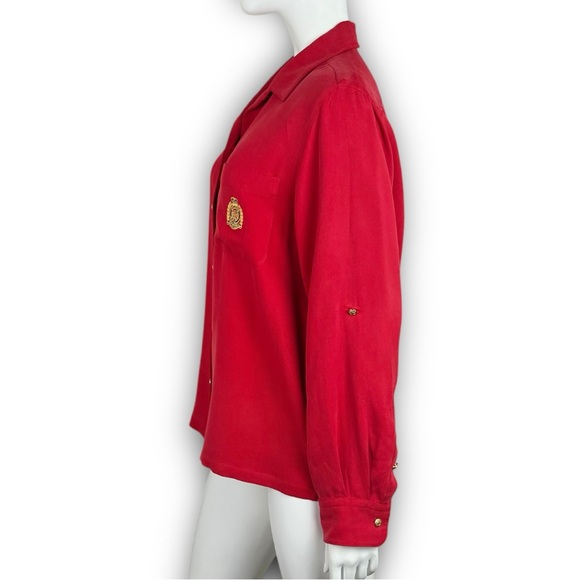 NWOT LAUREN RALPH LAUREN Vtg Embroidered Crest Roll Tab Silk Button Up Shirt Red - Picture 7 of 14